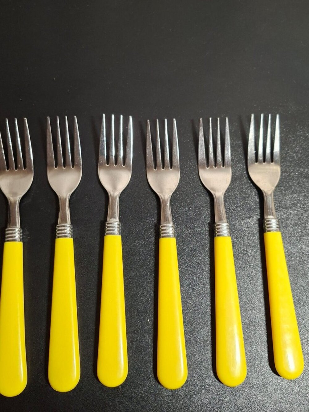 Retro Vintage Set of 6 Yellow Handle Dinner Forks Stainless Steel 7.75" Flatware